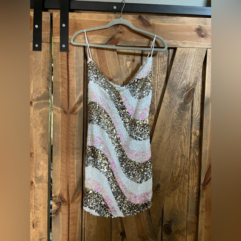 Hello Molly Mini Dress White Gold Pink Sequin